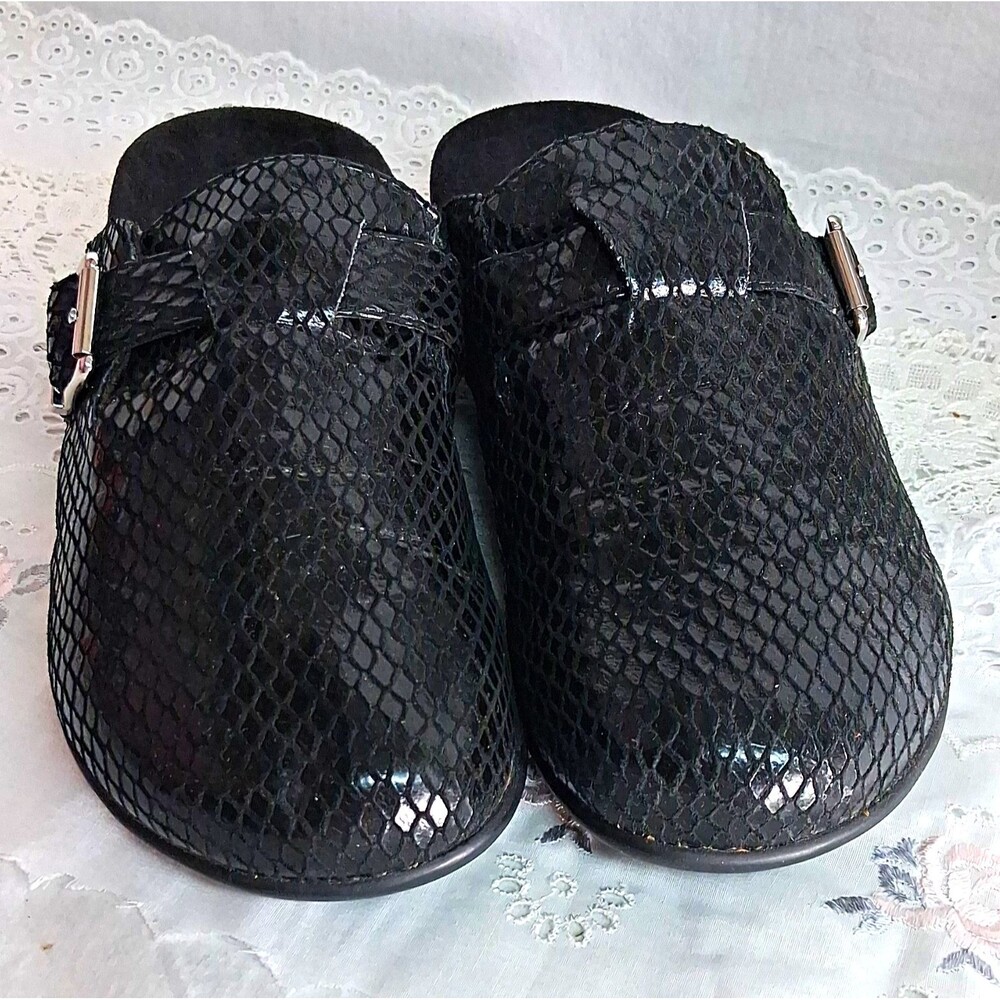Vionic Calgary Women 8 Black Snake Print Mule Slip On Buckle Comfort Casual